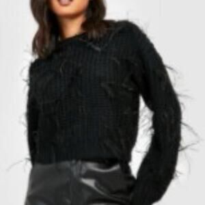 BOOHOO Black Womens Small Feathered Knitted Fuzzy Crop Sweater